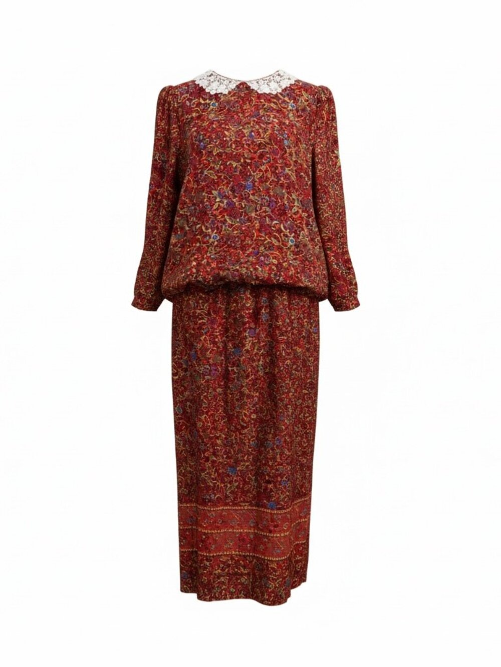 Vintage Carriage Court Prairie Dress Red Lace Collar Midi Cottagecore 10P BOHO